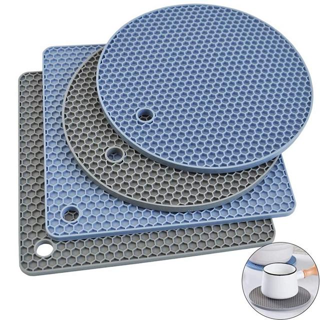 Silicone Trivet Mats, Silicone Pot Holders for Hot Pan and Pot Pads. Heat Resistant Counter Mats for Tables, Countertops, Spoon Rest and Large Coasters, 4 Pack Gray& Blue(2 Squared + 2 Round Mats)