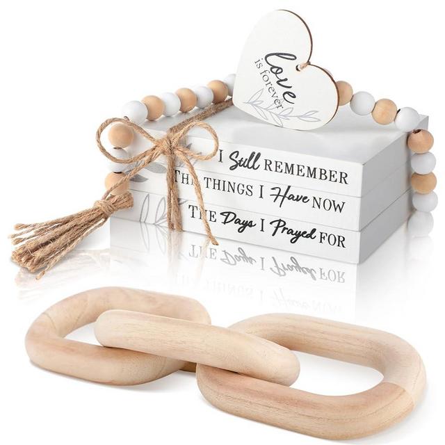 Thyle Boho Home Decor Set Include Farmhouse decorative books Wood Bead Garland with Tassel Wood Chain Link Rustic Faux Books Stack Heart Sign for Living Room Bookshelf Coffee Table Hanging