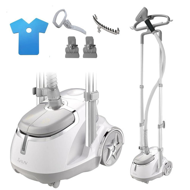 SALAV® Professional Standing Garment Steamer with Retractable Power Cord, Foot Pedal Control, Wheels for Easier Movement (Silver)