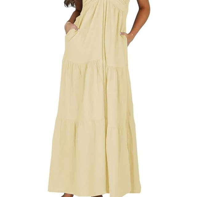 AmySister Women's Casual Halter Tiered Vacation Maxi Dress with Pockets