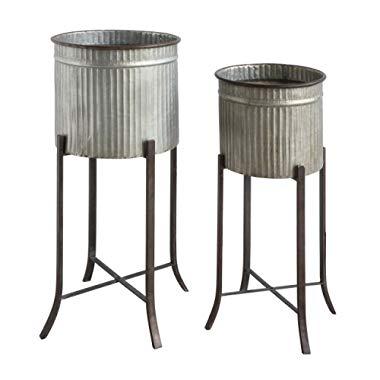 Creative Co-op Corrugated Metal Planters on Stands (Set of 2 Sizes), Silver
