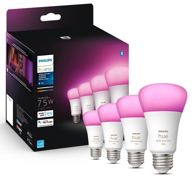 Philips Hue 4-Pack White and Color A19 Medium Lumen Smart Bulb, 1100 Lumens, Bluetooth Zigbee Compatible (Hue Hub Optional), Compatible with Alexa Google Assistant