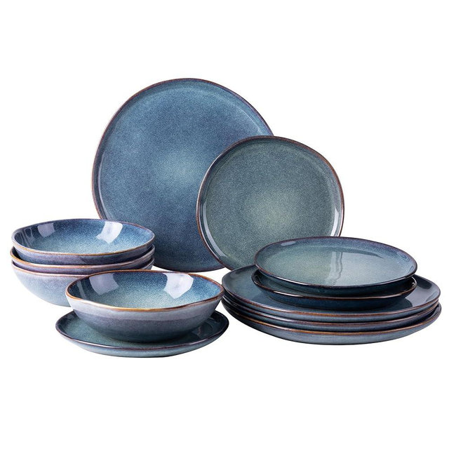 AmorArc Ceramic Dinnerware Sets,Handmade Reactive Glaze Plates and Bowls Set,Highly Chip and Crack Resistant | Dishwasher & Microwave Safe,Service for 4 Dishes Set - Reactive Blue(12pc)