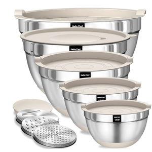 Umite Chef Mixing Bowls with Airtight Lids Set, 8PCS Stainless Steel Nesting Bowls with Grater Attachments, Non-Slip Bottoms, 5, 4, 3.5, 2, 1.5QT for Mixing & Serving