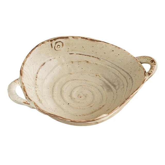 Amitofo Free-Form Edge Ceramic Bowl with Handles, Retro Distressed Style Glazed for Fruit Bowl,Salad Bowl,Table Centerpiece Decor