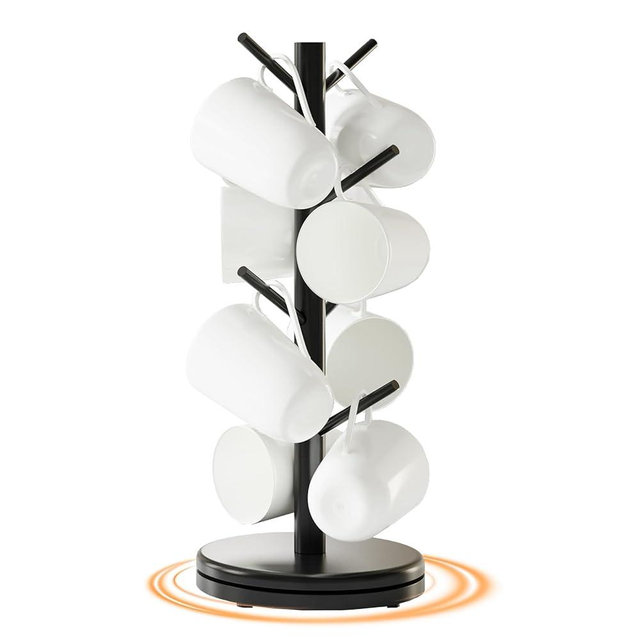 AUGOHCMIL Mug Holder Tree, 360° Rotating Coffee Cup Rack with 8 Hooks, Bamboo Mug Organizer Stand for Countertop, Kitchen & Coffee Bar Accessories, Space-Saving Home Decor (Black)