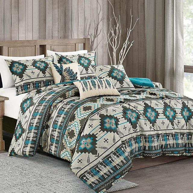 LINEN MART King Size Comforter Set Luxury Bedding Comforter Sets Southwestern Tan Navajo Turquoise Feather Aztec Comforter - 6 Piece Set (King)