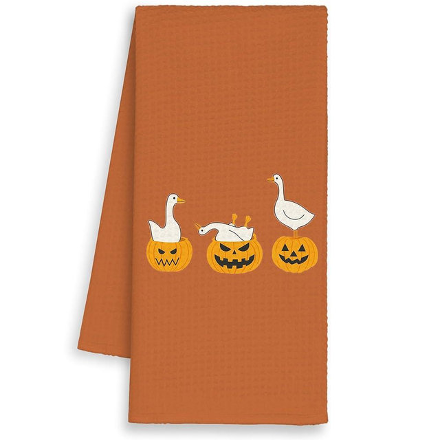 Dimurela Halloween Pumpkin Duck Goose Kitchen Towels, Funny Hand Towels Decor for Bathroom, Orange Fall Dish Towel, Autumn Tea Bar Waffle Towel for Dining Room Dorm Thanksgiving Harvest 16x24in