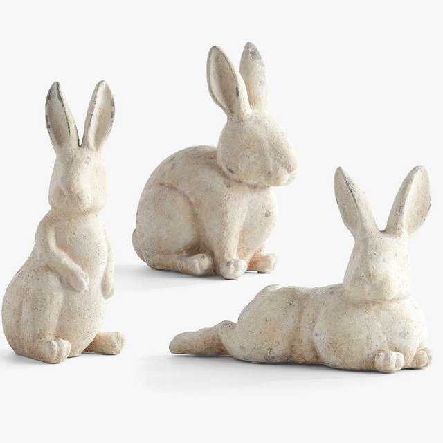 Handcrafted Terracotta Bunny Sculpture, Large, Set of 3, White