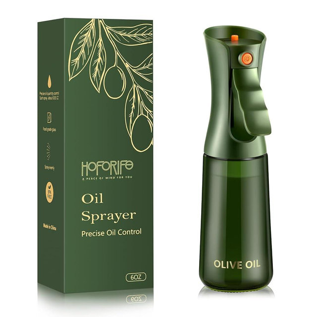 hoforife 200ml/7oz Glass Olive Oil Sprayer for Cooking, Oil Mister Continuous Cooking Spray with Portion Control for Kitchen (Green Bottle)
