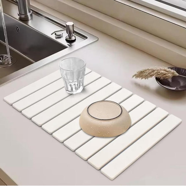 Large Stone Dish Drying Mat for Kitchen Counter, 24"(L)×16"(W), Collapsible Quick Drying Dish Mats, Ultra Absorbent Diatomaceous Earth Mats for Dishes Bottles Cups, Match Any Countertop