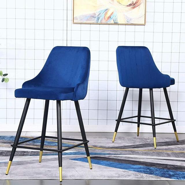 Counter Stools Set of 2 Bar Stools Velvet Barstool Modern Bar Chairs Accent Upholstered Chairs Pub Height Home Bar Dining Kitchen Stools Chairs Blue