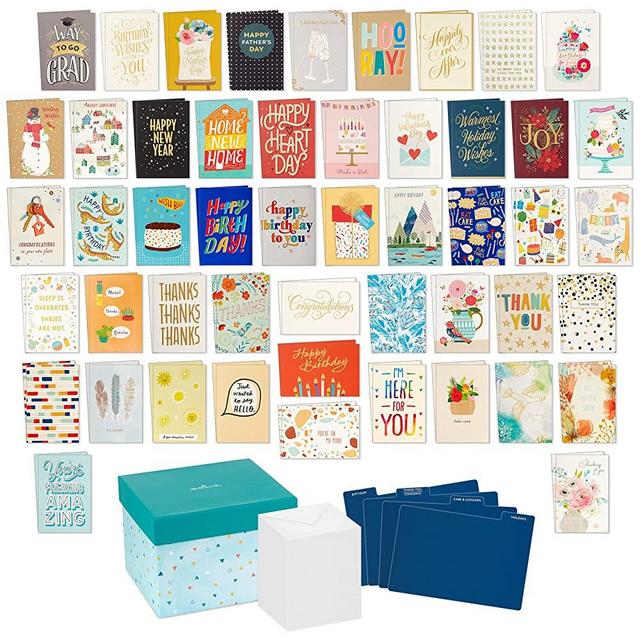 Hallmark All Occasion Cards Assortment Box with Envelopes, Greeting Card Organizer Box with Dividers, Blue Triangle (Pack of 100)—Birthday Cards, Thank You Cards, Christmas Cards, Congrats Cards, Wedding, Thinking of You, Sympathy