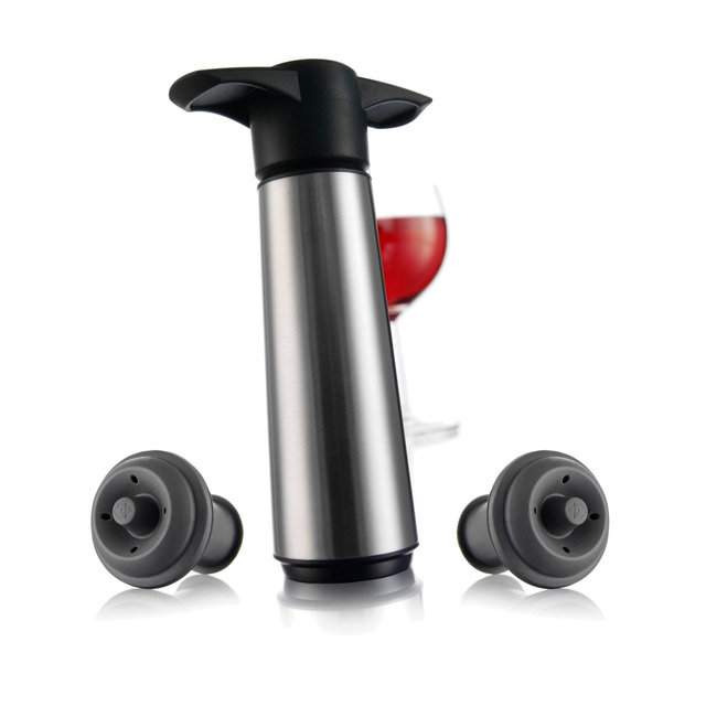 Vacu Vin Stainless Steel Wine Saver with 2 Stoppers Silver