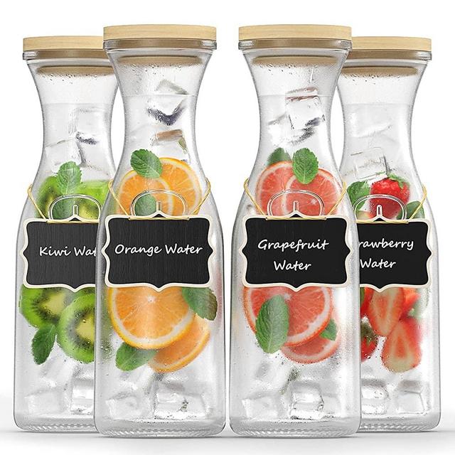 Summer&Kiss 4 Pack Glass Carafe Pitcher with Wood Lids and Tags, 1 Liter Water Pitcher, Beverage Carafe Set for Mimosa Bar, Juice Container for Brunch, Iced Tea, Cold Water, Juice, Milk,Lemonade