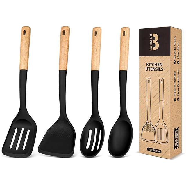 Silicone Cooking Utensils Set, Perfectly Angled for Frying, Mixing,Serving,Draining,Turning and Stirring, BPA-Free Matte Silicone, Wood Handles, Safe for Nonstick Cooking Surfaces,4 Pack (Black)