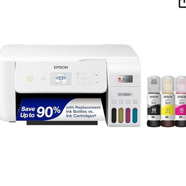 Epson EcoTank ET-2800 Wireless Color All-in-One Cartridge-Free Supertank Printer with Scan and Copy â€“ The Ideal Basic Home Printer - White, Medium