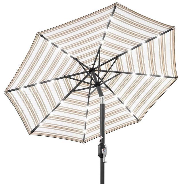 Best Choice Products 10ft Solar Polyester LED Lighted Patio Umbrella w/Tilt Adjustment and UV-Resistant Fabric - Striped Tan