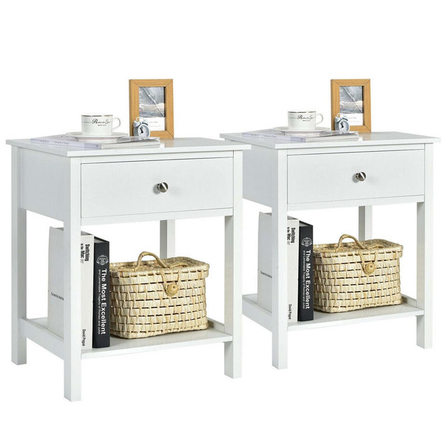 Costway 2PCS 2-Tier Nightstand Modern Side End Table w/ Drawer & Open Shelf White