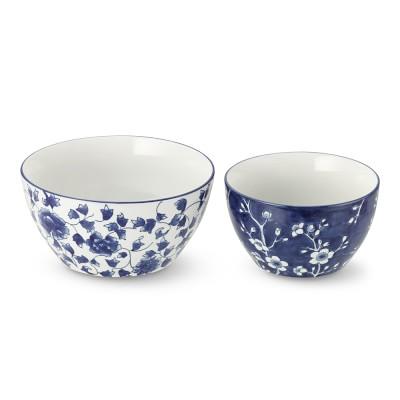 Blue & White Ceramic Mixing Bowls, Set of 2