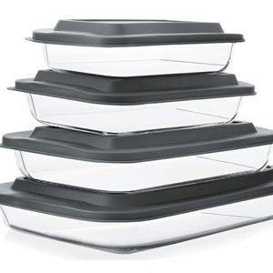 8-Piece Deep Glass Baking Dish Set with Plastic lids,Rectangular Glass Bakeware Set with Lids, Baking Pans for Lasagna, Leftovers, Cooking, Kitchen, Freezer-to-Oven and Dishwasher, Gray