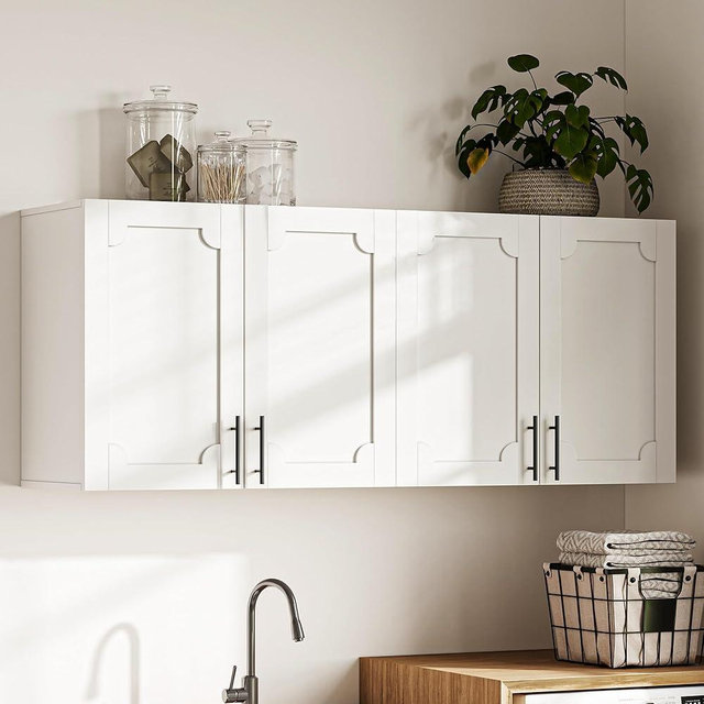 Treocho White Laundry Room Cabinet with 4 Doors, Modern Bathroom Cabinet Wall-Mounted with Adjustable Shelf, Kitchen Wall Storage Medicine Cabinet for Living Room,Garage
