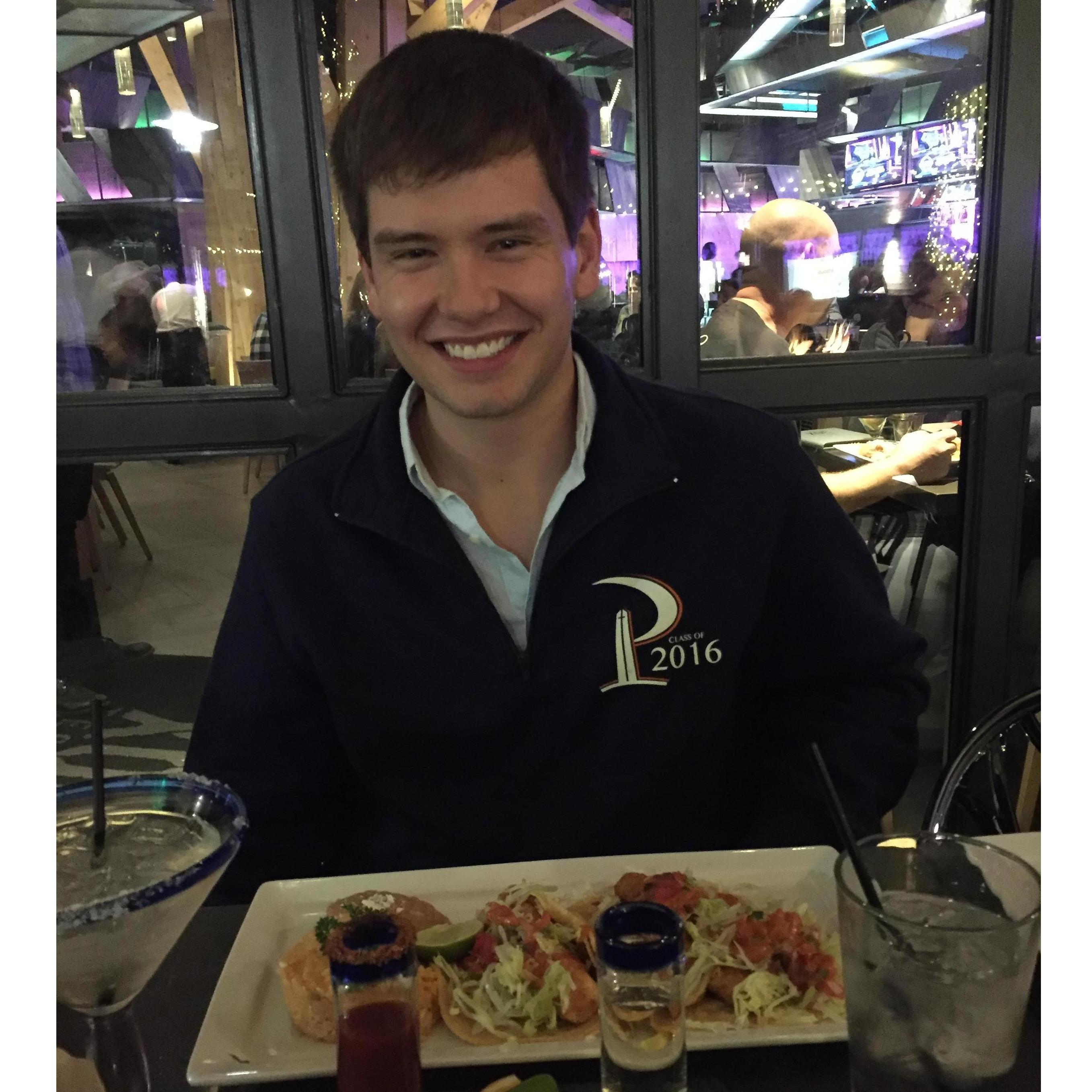 Zach celebrating his last final of his hardest class at Pepperdine - Business Policy