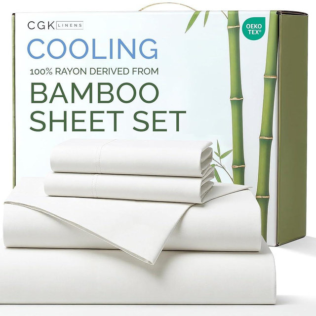 100% Rayon Derived From Bamboo - Bamboo Sheets Full Size - Cooling Sheets for Full - Ultra Soft, Breathable & Hotel Luxury Bedding - 1 Flat & 1 Fitted & 2 Pillowcases w/ 16 Inch Deep Pockets - White
