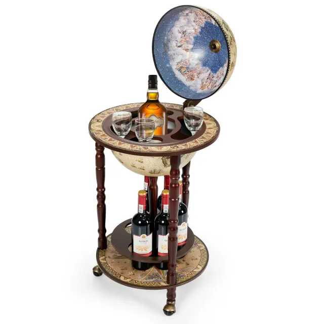 Costway 17" Wood Globe Bar Stand 16th Century Italian Rack Drinks Bottle Shelf Cart