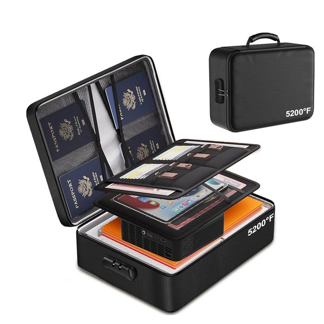 Fireproof Document Box, Multi-Layer Heat Insulated Fire and waterproof office bag with lock，Portable family outdoor travel bags are suitable for storing important documents and valuable.