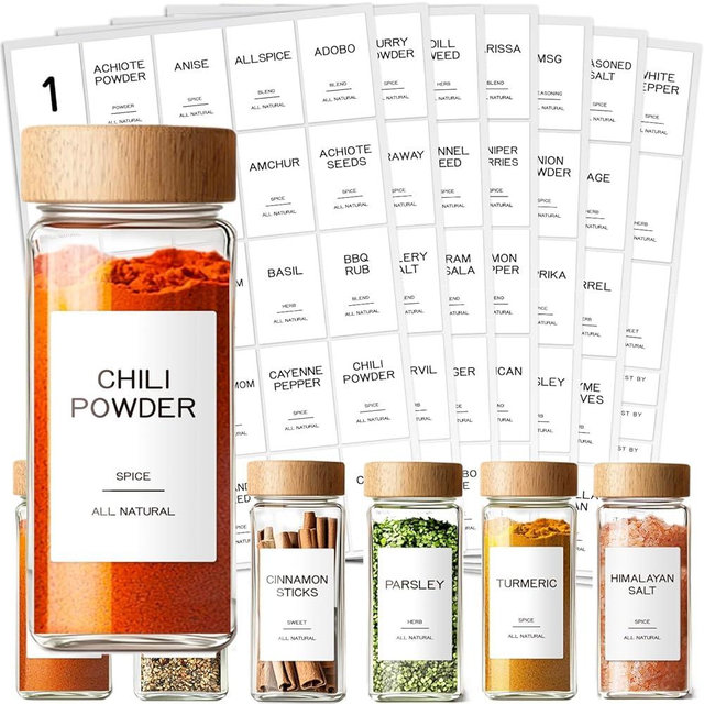 Kuocodall 201 Spice Jar Labels - Preprinted Minimalist Waterproof Stickers for Kitchen Jars, Herb & Seasoning Labels for Pantry Organization