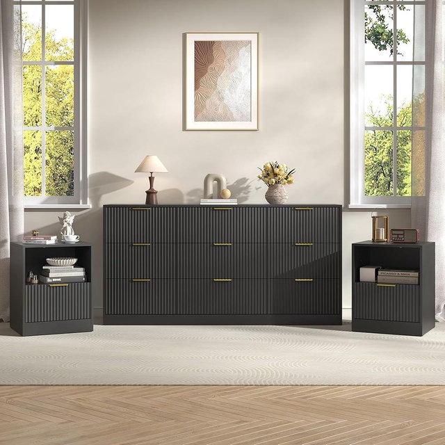 Sscaktu 3-Piece Modern Bedroom Furniture Set, Wide 9-Drawer Dresser & 1-Drawer Nightstands Set of 2, Natural Wood Dresser and Nightstand Sets for Bedroom, Hallway, Black