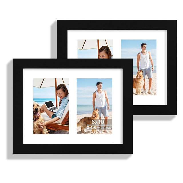 Hongkee 8x10 Picture Frame Set of 2, Black Wood Frame with Glass Collage Frame, Display Pictures Two 4x6 With Mat or 8 x 10 Without Mat - Horizontal or Vertical Wall Mounting