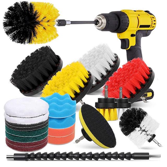HIWARE 23 Pcs Drill Brush Attachment Set for Cleaning - Power Scrubber Brush Pad Sponge Kit with Extend Attachment for Bathroom, Car, Grout, Carpet, Floor, Tub, Shower, Tile, Corners, Kitchen
