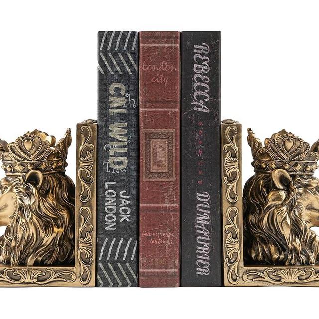 BOIHEGU Lion Statue Decorative Bookends(Set of 2), Antique Gold Lion Sculpture Decorative Bookends Leo Gift, Heavy Duty Bookends, Non-Skid Book Ends(Antique Gold)