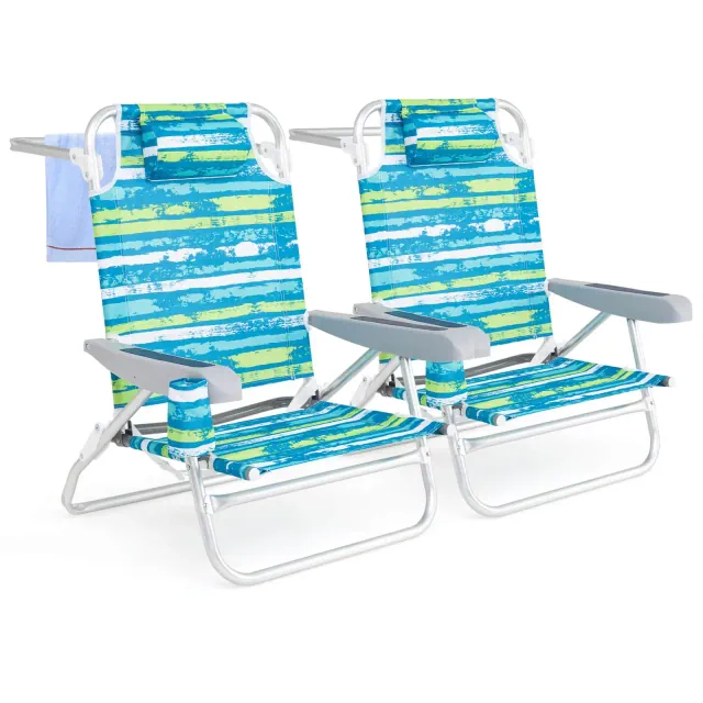 Costway 2 Pack Folding Beach Chair Lightweight Lay Flat Lounge Chair with Head Pillow Green