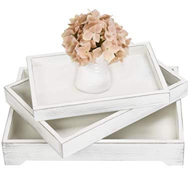 MyGift Set of 3 Vintage White Wood Nesting Breakfast Serving Trays