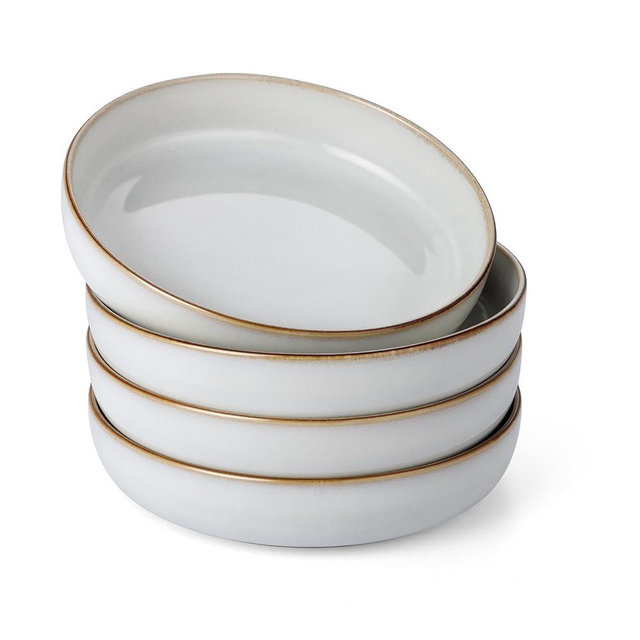 E-far Pasta Bowls Set of 4, 35oz Large Salad Bowls for Serving, Wide and Shallow Ceramic Bowls Plates for Kitchen, Double Reactive Glaze, Microwave and Dishwasher Safe, Seashell White