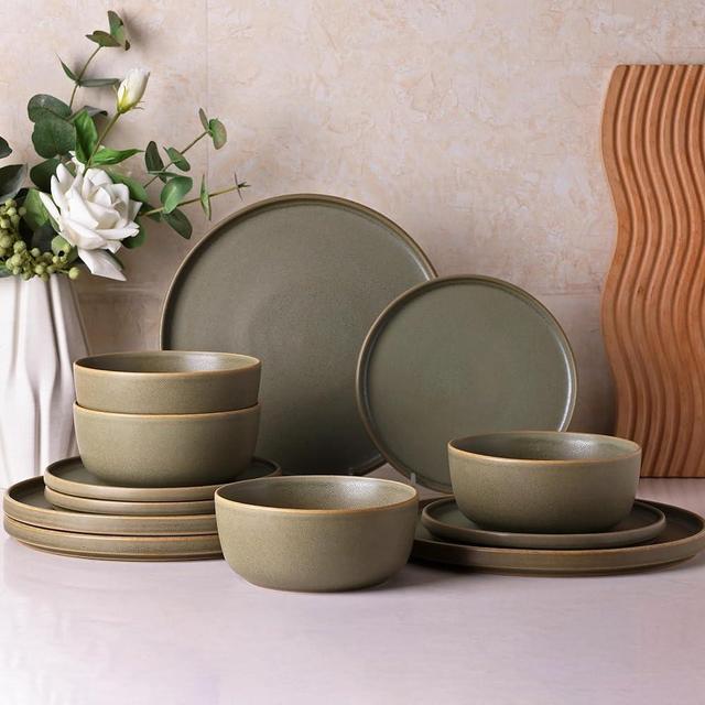 AmorArc Stoneware Dinnerware Sets of 4, Reactive Ceramic Plates and Bowls Set,Highly Chip and Crack Resistant | Dishwasher & Microwave Safe | Round Dishes Set Service for 4 (12pc) Dishes Set