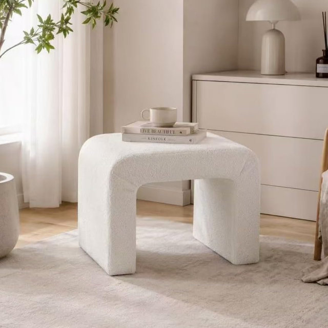 Edeco Modern Boucle Ottoman Footstool, 24" Arched Upholstered Vanity Stools for Makeup Room, Small Foot Rest for Entryway, Living Room, Bedroom (Fully Assembled)，White