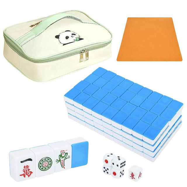 TWBTC Chinese Mahjong Set 1.25" (32mm) Blue - 144 Durable Melamine Tiles with Travel Handbag, 8 Blank Spares | Complete Portable Game Set for Travel & Family