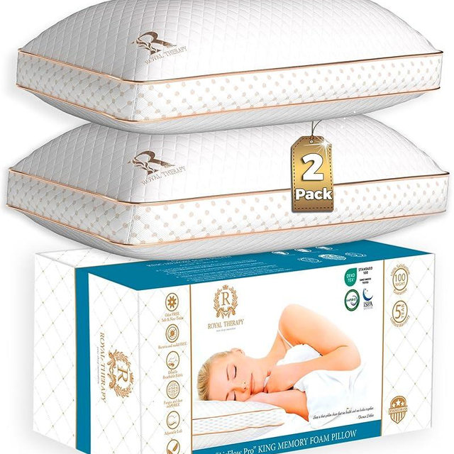 Royal Therapy King Memory Foam Pillows 2-Pack - Shredded Memory Foam Pillow for All Sleep Positions - Medium Firm Pillow with Adjustable Loft, Bamboo Rayon Cover, CertiPUR-US, Oeko-TEX Certified