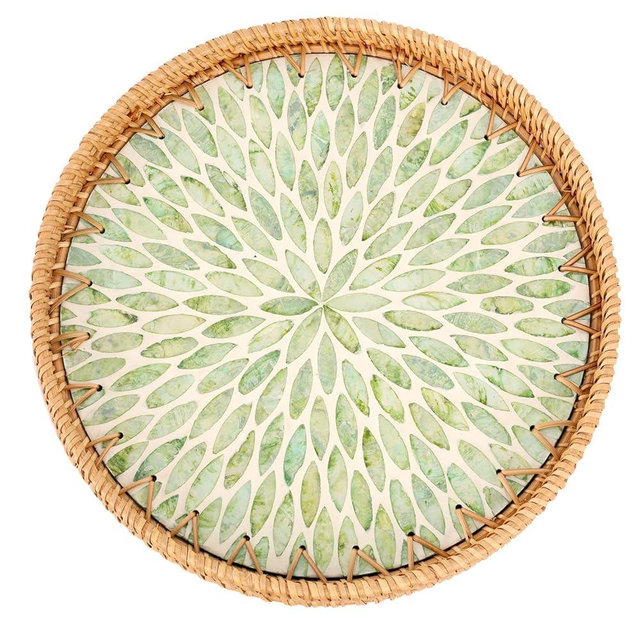Tynulox Round Rattan Tray with Mother of Pearl Inlay, Rattan Serving Tray for Coffee, Bread, Fruits, Decorative Wicker Tray for Table Decor, Home Decor, Kitchen Island Decor (Green Leaf, 11.8")