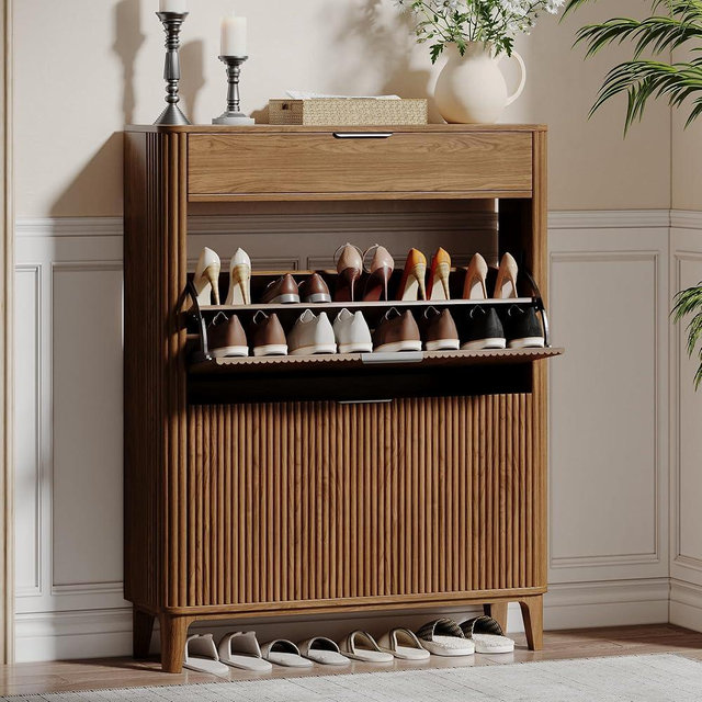 Fluted Shoe Storage Cabinet with 2 Flip Drawers & Top Drawer, 31.5"W Narrow Hidden Shoe Rack Cabinet, Walnut Shoe Dresser, Slim Shoe Organizer, Entryway Storage for Hallway, Front Door (Walnut)