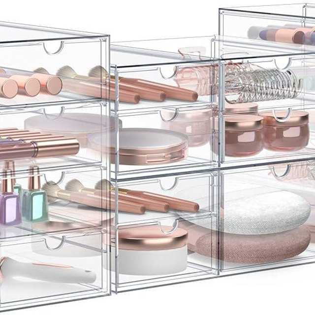 Sorbus Makeup Organizer With 16 Drawers, Acrylic Drawer Organizer for Makeup, Office Organization and Storage, Art Supplies, Jewelry, Stationary - 4 Pcs Clear Stackable Storage Bins Organizer Drawers