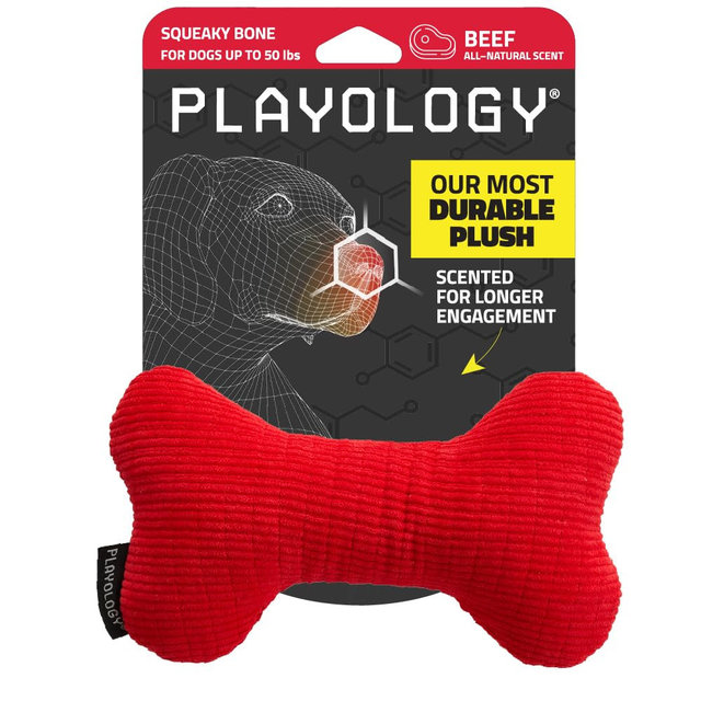 Playology Dog Toys | Plush Squeaky Bone Chew Toy for Dogs | Beef Scented Medium Plush Dog Bone Chew Toy