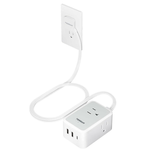 TESSAN Small Flat Plug Power Strip, Ultra Thin Extension Cord 3 ft, 3 AC Outlets with 3 USB Ports (1 USB C), Multiple Wall Outlet Extender for Cruise Travel Office School Dorm Room Essentials