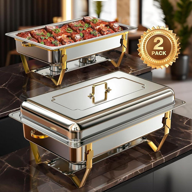 WARMOUNTS 9QT Gold Chafing Dishes for Buffet (2 Pack), High Grade Stainless Steel Chafers for Catering w/Rolled Rim Design, Foldable Frame, for Party, Banquet (Full Size Food Pan)