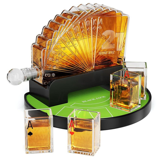 Kollea Blackjack Whiskey Decanter Set, 37.2 Oz Casino Style Decanter with 4 Glasses, Liquor Dispenser, Funny Birthday Gifts for Men Dad, Him, Boyfriend, Poker Game Night Essentials, Bar, Party Decor