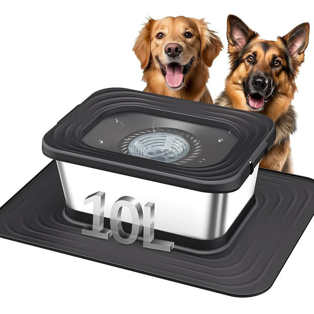 Decflow 10L Stainless Steel Dog Water Bowl, No Spill Anti-Splash Dog Bowls with XXL Silicone Mat, Spill-Proof Slow Feeder for Messy Drinkers, Heavy Duty Pet Bowls for Indoor/Outdoor Use Black